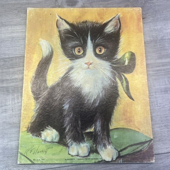 Tuxedo Black White Cat Green Ribbon 8x10 RF Harnett Litho in USA - Picture 12 of 12
